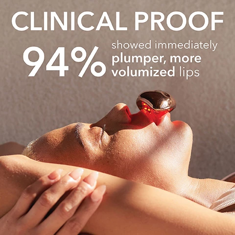 Image 1, clinical proof. 94% showed immediately plumper, more volumised lips. image 2, 3 minute daily treatment. hands free. image 3, how LED works, 5 types of light. clinically proven to visibly plump and smooth wrinkles. muscle, hypodermis, dermis, eipdermis and stratum corneum. 605nm - Amber. 630nm - Red. 660nm - Depp Red. 830 and 880nm IR. Salivary vascular glands. FDA cleared. image 4, comfortable fit and easy cleaning. silicone mouthpiece flexiable and detachable. image 5, 56 red LED lights. image 6, charge your device. fully charged dived = 25 treatments. wire included. plug not included.