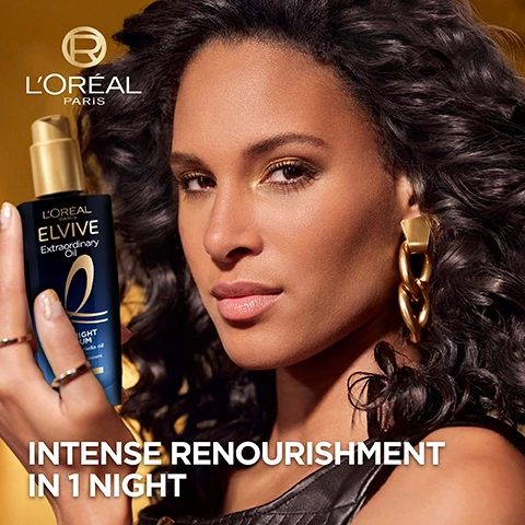 Image 1 - A woman holds a bottle of LOreal Elvive hair product and the image displays the text LOREAL PARIS, LOREAL PARIS ELVIVE Extraordinary Oil NIGHT SERUM Marula Oil, and INTENSE RENOURISHMENT IN 1 NIGHT. Image 2 - LOreal Elvive Extraordinary Oil Midnight Serum bottle with text LOREAL PARIS ELVIVE Extraordinary Oil NEW MIDNIGHT SERUM Precious camellia oil Intense nourishment in 1 night DRY HAIR and promotional text NON-GREASY TEXTURE NO PILLOW TRANSFER FROM CREAMY TO WATERY SERUM TEXTURE. Image 3 - A bottle of LOreal Elvive Extraordinary Oil Midnight Serum is shown with text ENRICHED WITH PRECIOUS CAMELIA OIL LOREAL PARIS ELVIVE Extraordinary Oil NEW MIDNIGHT SERUM Precious camellia oil Intense renourishment in 1 night DRY HAIR CAMELIA OIL TARGETS VULNERABLE PARTS OF THE HAIR FIBRE FOR INTENSE RENOURISHMENT. Image 4 - Two LOréal Elvive Extraordinary Oil bottles, one gold for day and one blue for night, shown with the text DAY & NIGHT ROUTINE TO WAKE UP EXTRAORDINARY DAY MIRACLE HAIR PERFECTOR LONG-LASTING NOURISHMENT & IRRESISTIBLE SHINE NIGHT MIDNIGHT SERUM ULTIMATE RENOURISHMENT IN 1 NIGHT. Image 5 - Image showing before and after hair results on curly, blonde, and brunette hair types with text OVERNIGHT RENOURISHMENT EFFECTIVE ON ALL HAIR TYPES and labels BEFORE AFTER. Image 6 - Four LOreal Elvive Extraordinary Oil hair products shown with text reading ROUTINE FOR INTENSE HAIR NOURISHMENT Step 1 Shampoo Step 2 Conditioner Step 3 Day Serum Step 4 Night Serum.