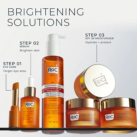 Image 1 - A studio shot displays a three-step RoC skincare routine for brightening solutions, featuring orange and gold products: for STEP 01 EYE CARE Target eye area, an eye balm and Multi Correxion Revive + Glow Daily Serum 30 ml; for STEP 02 SERUM Brighten skin, a Multi Correxion Revive + Glow Gel Cleanser 177 ml; and for STEP 03 SPF 30 MOISTURIZER Hydrate + protect, two Multi Correxion Revive + Glow creams, including a Gel Cream 50ml, all emphasizing Vitamin C. Image 2 - A peach-colored tube of ROC Clinically Proven Multi Correxion Revive + Glow Eye Balm Vitamin C 0.14 oz (4g) stands on a translucent green surface, alongside text that reads 90% saw brighter eyes, dark circles + puffiness were visibly reduced in 4 weeks, and Clinically Proven. Image 3 - A black and white headshot of a smiling man identified as Dr. Maxfield is displayed over a textured skin background, with visible text that reads BOARD-CERTIFIED DERMATOLOGIST DR. MAXFIELD ITS INNOVATION IN BOTH FORMULATION AND APPLICATION, CLINICALLY PROVEN TO VISIBLY REVIVE AND BRIGHTEN SKIN AROUND THE EYES! Image 4 - A split image shows a golden, oily texture on the left and a light blue, watery texture with bubbles on the right, with the text Patent-Pending Technology at the top, Vitamin C Boosts Brightness on the left, and Peptides Firm + Tighten on the right. Image 5 - A close-up of a persons face shows an orange and gold beauty product being applied near their eye, with the text SWIPE AWAY DARK CIRCLES, DEPUFF, & BRIGHTEN overlaid.