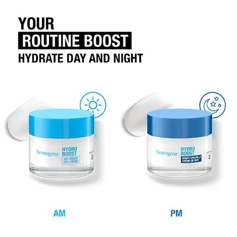 Image 1 - Image shows two Neutrogena Hydro Boost cream jars labeled AM and PM, with the text “YOUR ROUTINE BOOST HYDRATE DAY AND NIGHT” above them, along with a sun icon next to the AM jar and a moon icon next to the PM jar.
Image 2 - A jar of Hydro Boost gel cream with a blue lid is shown, accompanied by key features including Developed with dermatologists, Delivers 6X more hydration instantly, Weightless formula, Non-comedogenic, and Contains ceramides to help smooth and protect the skins moisture barrier.
Image 3 - Image of a skincare product jar labeled Hydro Boost Night Cream with a blue lid, featuring text elements that state Developed with Dermatologists, Clinically proven hydration for 72 hours, Rich formula, Non-comedogenic, and Contains peptides to help improve the skins suppleness.
Image 4 - Two Neutrogena Hydro Boost cream jars are shown, one labeled Gel Cream and the other Night Cream, set against a blue background with the text YOUR ULTIMATE HYDRATING ROUTINE displayed above.