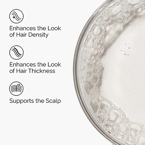 Image 1 - The image displays a clear liquid with foam bubbles in a glass dish on the right, alongside a list of three benefits on the left: Enhances the Look of Hair Density, Enhances the Look of Hair Thickness, and Supports the Scalp. Image 2 - A close-up of brown hair on a scalp with a dropper applying a clear liquid, next to three white labels that read Fuller-Looking Hair, Thicker-Looking Hair, and Denser-Looking Hair. Image 3 - A close-up image shows clear liquid dripping from a glass dropper onto a surface, next to text that reads Key ingredients in Multi-Peptide Serum for Hair Density: REDENSYL™, Procapil™, CAPIXYL™, BAICAPIL™, AnaGain™, and High-Solubility Caffeine Supports the scalp for thicker, denser, fuller-looking hair.