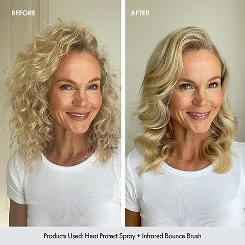 Image 1, before and after. products used = heat protect spray and infrared bounce brush. image 2, features = negative ions flatten the hair cuticle for a glossy finish. aloe-infused bristles add shine and reduce frizz. heats between 120-230 degrees. image 3, how to use = turn on and toggle to desired temp, double beep indicates setting reached, brush will auto-lock so you can style with ease, to unlock old on/off button down for 2-3 sections, press once more to turn off. image 4, the bondi promise, australian born and bred, locally sourced ingredients, pro-performance, effortless.