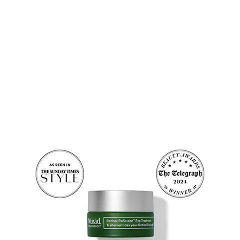Image 10 - Four green and silver Murad Resurgence skincare products, including a pump bottle, a small jar, a larger cream jar, and a wide body treatment jar, are stacked vertically on a reflective green background; the image also displays the text LIFT & FIRM YOUR SKIN - WITH RETINAL RESCULPT -; surrounding the products are FACE LIFT IN A BOTTLE, FROM HEAD, WORKOUT IN A JAR, EYE LIFT IN A JAR, BEAUTY SLEEP IN A JAR, and TO TOE; and on the product labels, from top to bottom, is Murad. RESURGENCE™. Retinal ReSculpt™ Overnight Treatment. Retinal ReSculpt™ Traitement de nuit.; Murad. Retinal ReSculpt Eye Treatment. Traitement régénérant des yeux à base de rétinal.; Murad. RESURGENCE™. Retinal ReSculpt Overnight Cream. Crème de nuit rétinale ReSculpt.; and Murad. RESURGENCE™. Retinal ReSculpt Body Treatment. Traitement corporel Retinal ReSculpt. with targeted encapsulation tech + visibly firming lipids. avec technologie dencapsulation ciblée + lipides visiblement raffermissants. Image 2 - A green jar of Murad Retinal ReSculpt Eye Treatment is featured alongside two circular badges, with the left badge reading AS SEEN IN THE SUNDAY TIMES STYLE and the right badge reading BEAUTY AWARDS The Telegraph 2024 WINNER. Image 3 - On a bright green background, two green Murad skincare jars with silver lids are shown, one open revealing white cream and the other closed, with additional text on the left reading ENCAPSULATED RETINAL Targets delivery of vitamin A deep within skins surface, allowing 2.5X BETTER* effectiveness*, while still being gentle on skin *compared to free retinal, and the jar labels also display Murad. RESURGENCE™ Retinal ReSculpt Eye Treatment Traitement régénérant des yeux à base de rétinal. Image 4 - A before and after image comparison shows a close-up of an eye with prominent wrinkles (BEFORE) and then with visibly smoother, firmer, and tightened skin around the eye after one week (AFTER 1 WEEK*), next to a green jar of Murad Retinal ReSculpt Eye Treatment, with additional text reading: EYE AREA IS VISIBLY LIFTED, FIRMER + TIGHTENED IN 1 WEEK*, *Proven results reported by trial participants in a 4-week clinical study, Murad. RESURGENCE™, Retinal ReSculpt™ Eye Treatment, Traitement des yeux Retinal ReSculpt™. Image 5 - A before-and-after comparison image shows a persons eye with visible lines and wrinkles under it on the left side labeled BEFORE, and the same eye with visibly reduced lines and wrinkles after treatment on the right side labeled AFTER 1 WEEK*, with additional text CLINICALLY PROVEN TO VISIBLY REDUCE LINES + WRINKLES IN 1 WEEK* and *Results based on a 4-week clinical study with 29 participants, next to a Murad. RESURGENCE™ Retinal ReSculpt™ Eye Treatment jar that also says Traitement des yeux Retinal ReSculpt™. Image 6 - A dark green jar of Murad Retinal ReSculpt Eye Treatment with a silver lid rests on a white cream swipe against a green background, alongside descriptive text. Visible text: Murad. RESURGENCE™. Retinal ReSculpt Eye Treatment. Traitement régénérant des yeux à base de rétinal. ENCAPSULATED RETINAL Deep, targeted vitamin A delivery with minimised irritation. OAT FIRMING FILM Gives a visible lifting effect immediately + over time. RESCULPTING GENTIAN ROOT Improves the look of sagging/drooping eyelids + under-eye bags. Image 7 - An image on a green background titled WHICH RETINOID EYE TREATMENT IS RIGHT FOR ME? displays a comparison of two Murad eye treatments; on the left is the RETINAL TARGET + CORRECT section for Advanced signs of ageing – deep-set lines, sagging skin, droopy folds, crepiness, labeled TYPE A, featuring a green jar with Murad RESURGENCE Retinal ReSculpt Eye Treatment Traitement régénérant des yeux à base de rétinal on its label, identified as Retinal ReSculpt Eye Lift Treatment; and on the right is the RETINOL PREVENT section to Prevent signs of ageing you can’t yet see – wrinkles, puffiness, dullness, loss of firmness, labeled TYPE O, featuring a green pump bottle with Murad. Retinol Youth Renewal Eye Serum Sérum contour des yeux rajeunissant au rétinol on its label, identified as Retinol Youth Renewal Eye Serum. Image 8 - A woman with closed eyes applies a dab of white cream under her left eye with her fingertip against a green background, with the text RETINAL RESCULPT EYE TREATMENT YOUR EYE LIFT IN A JAR. Image 9 - A woman with braided hair holds a green and silver jar of Murad Retinal ReSculpt eye cream, with visible text that reads AS SEEN IN THE SUNDAY TIMES STYLE My under-eyes looked perkier – smoother and depuffed – after a mere week. INDIA KNIGHT | BEAUTY COLUMNIST and on the jar Murad. RESURGENCE™ Retinal ReSculpt™ Eye Treatment Traitement des yeux Rétinal ReSculpt™.
