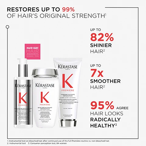 Image 1 - Image of Kérastase hair care products displayed prominently with claims highlighting benefits, including restores up to 99% of hairs original strength, up to 82% shinier hair, up to 7x smoother hair, and 95% agree hair looks radically healthy. Visible text includes Kérastase and product names: Première, and claims about hair improvement metrics.
Image 2 - An instructional image showing the three steps of the Kérastase Première professional layering technique, with visible text reading: Step 1 Activate Repair: Apply 5 pumps of pre-shampoo to damp hair. Do not rinse. (5 min), Step 2 Cleanse & Repair: After 5 mins layer the shampoo directly on top and lather then rinse, Step 3 Condition & Repair: Finish with conditioner, massage through lengths then rinse.
Image 3 - Two test tubes are shown side by side; the left tube contains a clear liquid with bubbles labeled as PEPTIDE and the right tube contains a pink, bubbly liquid labeled as GLYCINE.
Image 4 - Image shows a comparison of hair before and after treatment for three different hair types: straight blonde, straight brunette, and curly. Each section displays the visible text Before and After along with the phrases FULL PREPARE STYLING and FOR ALL DAMAGE listing various causes like heat styling and over-processing, followed by TO HELP with benefits such as advanced repair and strengthen.
Image 5 - A smooth, white, creamy texture is shown on a flat surface with text that reads WHITE, RICH AND CREAMY TEXTURE and PREMIÈRE ANTI-BREAKAGE REPAIRING FILLER MASK.
Image 6 - A smiling man with short, curly hair and a beard wearing a dark blazer over a white shirt, accompanied by text that reads PRIMIÈRE HOVIG ETOYAN Global Professional Ambassador Damaged hair is the n°1 concern in our salon. It is great to now have a complete exclusive protocol to offer the best repair to our clients.