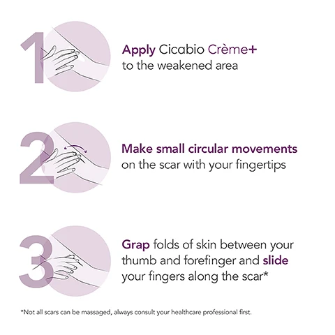 Image 1, apply cicabio creme SPF 50+ to the weakened area. 2 = make small circular movements on the scar with your fingertips. 3 = grap folds of skin between your thumb and forefinger and slide your fingers along the scar. not all scars can be massaged, always consult your healthcare professional first. image 2, weakened irritated skin. 1 = cleanse. 2 = care. image 3, 100% facilitates scar massage. clinical study with cicabio creme plus on remoldeling scars (C-section, episiotomy, adhesions) on 34 subjects, & of satisfaction at D14. image 4, -46% red marks. -32% thickness. clinical study with cicabio creme plus on remoldeling scars (C-section, episiotomy, adhesions) on 34 subjects, & of satisfaction at D14 vs D0. image 5, optimal repair patent antalgicine. decode our formulas on ask.naos.com