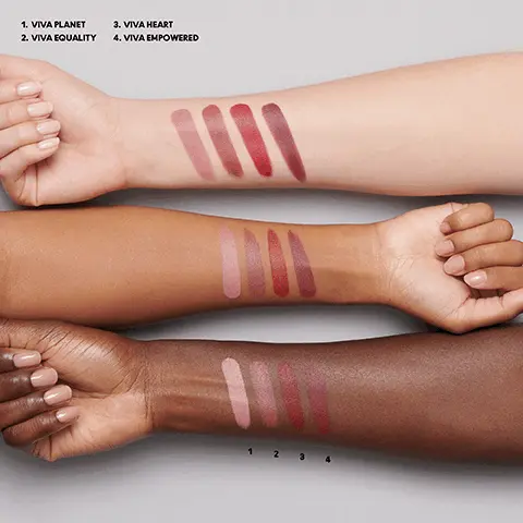 Image 1, 1 viva planet, 2 viva equality 3 viva heart 4 viva empowered Image 2,  OUR ICONIC LIPSTICK: NOW MAXED OUT WITH MORE COMFORT NEW ximal MAC SILKY MATTE LIPSTICK ORGANIC SHEA BUTTER COCONUT OIL ORGANIC COCOA BUTTER Image 3,  BEFORE MORE COLOUR. MORE COMFORT. MORE LONGWEAR. AFTER AC
