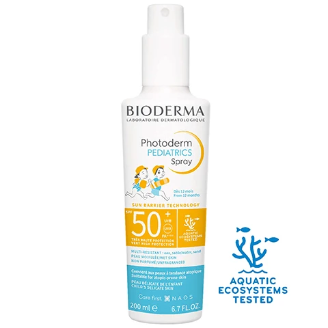 Image 1, aquatic ecosystems tested. image 2, sun barrier technology - triple protection. broad spectrum = reinforced against long and short UVA rays with only 4 UV filters. antioxidant = vitamin e, naturally in the skin, helps prevent UV oxidation and long-term damages. skin barrier function = apricot kernel oil delivers an input of biomimetic lipids to reinforce skin. image 3, 8 hour hydration, 100% strengthens the skin barrier. evaluation of the moisturising effect at T8H, on 10 subjects aged 27-70 with dry or moderately hydrated skin. use test under dermatological and paediatric control, carried on 32 subjects aged 12-36 months with all skin types, including atopic prone skin, 100% sensitive, 21 days. image 4, aquatic ecosystems tested. absence of toxity of final formula on aquatic ecosystems - coral, microalgae. NF ISO 10253 daphnia OECD 202. image 5, children delicate skin, suitable for atopic-prone skin. 1 - protect, 2 - cleanse, 3 - care. image 6, 1 = encourage children to wear protective clothing. 2 = apply photoderm pediatrics spray SPF50+ evenly and generously before exposure. reapply frequently especially after swimming or frictions
