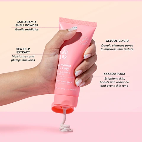 Image 1, macadamia shell powder gently exfoliates. sea kelp extract moisturises and plumps fine lines. glycolic acid deeply cleanses pores and improves skin texture. kakdu plum brightens skin, boosts skin radiance and evens skin tone. image 2, unclog pores, removes dead skin cells, deep cleansing, smooths and improves skin texture.