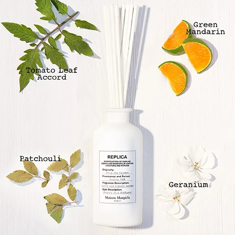 Image 1, tomato leaf accord, green mandarin, patchouli, geranium. image 2, from the garden. the scents your memories are made of.