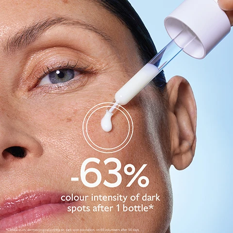 Image 1 - A close-up of a womans face applying a dropper bottle of serum to her skin, with the text -63% colour intensity of dark spots after 1 bottle* displayed prominently.
Image 2 - Three women with diverse skin tones pose close together, each labeled with circles indicating concerns: Blue Light, Acne, Sun, Age, and Pregnancy.
Image 3 - A split image showing a persons face before and after 28 days of using Caudalies Vinoperfect Serum, with the left side labeled Before and the right side labeled After 28 days, and the text below reads -63% colour intensity of dark spots* Untouched results after using the Vinoperfect Serum daily for 1 month.
Image 4 - Image showing a side-by-side comparison of a face before and after using a skincare product for 56 days, with text indicating dark spots were visibly reduced by 81% on deeper skin tones, and the product shown is Caudalie Vinopfect Serum.
Image 5 - A clear bottle of Caudalie Vinoperfect Brightening Dark Spot Serum with a dropper cap, surrounded by dark grapes, with text highlighting key ingredients: Olive squalane moisturises and soothes, Viniferine 62x more effective than vitamin C corrects and prevents dark spots.
Image 6 - A woman with smooth skin and a bob haircut smiles while holding a bottle of Caudalie Vinoperfect Brightening Dark Spot Serum, with text indicating a -25% reduction in dark spot intensity after one week.
Image 7 - A dropper is poised above a clear bottle with the label Caudalie Paris, and text above the bottle reads Non photosensitizing Suitable for sensitive skin.
Image 8 - A woman with straight black hair smiles while holding a bottle of Caudalie essence and serum, with text that reads Essence + Serum = 2X more effective on skin radiance.
Image 9 - Image shows a hand holding a dropper bottle of Vinoperfect Serum with an infographic illustrating how to recycle the pipette with Terracycle and dispose of the bottle in a recycling bin, with text reading how to recycle Vinoperfect Serum, recycle the pipette with Terracycle, and dispose of bottle in recycling bin.Image 10 - A hand holding a dropper above a bottle of Caudalie Vinoperfect Serum, with instructional text that reads how to use Vinoperfect Serum and advises to apply morning and evening before your cream or sunscreen to face, neck, and décolleté.
Image 11 - Image shows a collection of skincare products including a brightening micropol foam, brightening eye cream, brightening dark spot serum, and a dark spot niacinamide moisturizer, with a glycolic peel mask displayed in the background; visible text includes product names and descriptions.