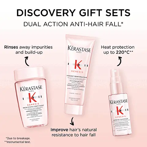 Discovery Gift Sets. Dual action anti-hair fall. Rinses away impurities and build-up. Heat protection up to 220 degrees C. Improve hair's natural resistance to hair fall. Due to breakage, instrumental test. Ginger root. Edelweiss native cells. Aminexil. Suitable travel. Before. After. Illustration of the anticipated results obtained after applying the products Genesis Bain Hydra-Fortifiant, Genesis Fondant Renforcateur, Genesis Defense Thermique, Genesis Anti-fall Serum, after one use. Results may vary from one individual to another. Genesis. 84% Less hair fall due to breakage. More fibre strength. More hair resilience. Less hair fall due to breakage. Instrumental test on Bain Nutri-fortifiant + masque reconstituant + serum anti-chute fortifiant or ampoules cure anti-chute fortifiantes.