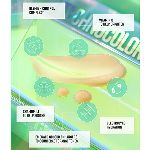 Image 1, blemish control complex. vitamin c to help brighten. chamomile to help soothe. electrolyte - hydration. emerald colour enhancers to counteract orange tones. image 2, 97% of participants agreed the product felt soothing on the skin. 91% of participants agreed the product reduced appearance of uneven skin. 97% of participants agreed the product enhanced their natural skin tone. 2023-2024 consumer study - self assessment of 32 female and male volunteers, between 18-45, that tested the product for 5 days.