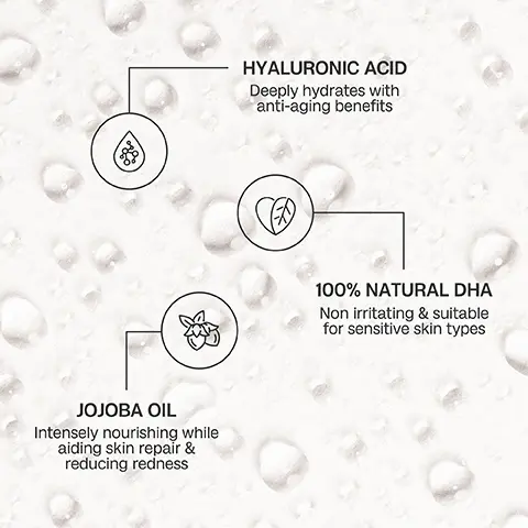 Image 1 - Image shows a textured background with water droplets, illustrating three key ingredients: Hyaluronic Acid, described as deeply hydrating with anti-aging benefits; 100% Natural DHA, noted as non-irritating and suitable for sensitive skin types; and Jojoba Oil, stated as intensely nourishing while aiding skin repair and reducing redness.
Image 2 - A woman with freckles is shown in a side-by-side comparison: on the left labeled BEFORE, she has a natural appearance, while on the right labeled AFTER, her skin looks smoother and clearer, and she is holding a skincare product.
Image 3 - A smiling woman with long brown hair holds a spray bottle, wearing a light beige tank top against a gradient pink background, featuring text that states Skincare meets self tan, Micro mist technology for seamless results, Fast drying, water-based formula, and Suitable for sensitive skin.
Image 4 - An instructional image showing a self-tanning mist bottle with the title How to use and three steps detailing the usage instructions: STEP 1 - After cleansing, hold the bottle 15cm away from skin & spritz evenly over your face & down your neck; STEP 2 - A beautiful, glowing tan will develop within 4-6 hours; STEP 3 - Reapply every 2-3 days for a bronzed complexion all year round.