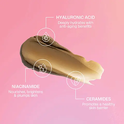 Image 1 - A creamy skincare product swatch is displayed on a gradient pink background, with labeled icons indicating key ingredients: Hyaluronic Acid for deep hydration and anti-aging benefits, Niacinamide for nourishing, brightening, and plumping the skin, and Ceramides for promoting a healthy skin barrier.
Image 2 - Image shows a side-by-side comparison of two women in white bikini bottoms; the left side labeled Before showcases a lighter skin tone, while the right side labeled After displays a darker, tanned skin tone with the woman holding a bottle of tanning lotion.
Image 3 - A sleek brown bottle of Bali Body self tan body serum is shown against a pink gradient background, with text stating the perfect hybrid of skincare and self tan, 85% skincare ingredients, results last up to 7 days, and deeply hydrates and nourishes skin.
Image 4 - A person in a swimsuit applies a tanning product to their leg while instructions beside them describe the steps: STEP 1 Begin with clean, freshly exfoliated skin, STEP 2 Apply using your hands, mitt or brush in long, sweeping motions, STEP 3 Wait until touch dry before getting dressed. The tan will develop within 4-6 hours, no rinsing required.