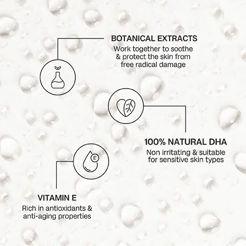 Image 1 - Image shows a light textured background with water droplets, featuring three icons and descriptions: a flask labeled BOTANICAL EXTRACTS Work together to soothe & protect the skin from free radical damage, a leaf labeled 100% NATURAL DHA Non irritating & suitable for sensitive skin types, and a drop labeled VITAMIN E Rich in antioxidants & anti-aging properties.
Image 2 - Image shows two women in similar white swimsuits positioned side by side; the left side is labeled BEFORE and the right side is labeled AFTER, with the woman on the right holding a bottle of skincare product.
Image 3 - A spray bottle of a tanning product is shown with a mist being dispersed against a pink background, alongside three icons describing features: Micro Mist Technology for seamless results, made with nourishing oils and 100% natural DHA, and no transfer and non-sticky.
Image 4 - A woman in a white bikini holds a spray bottle and a tanning mitt, demonstrating tanning application steps outlined in the image, which includes STEP 1: Begin with clean, freshly exfoliated skin for a smooth base. STEP 2: Hold bottle 15cm away from skin & spritz evenly over your body. STEP 3: A beautiful, glowing tan will develop within 4-6 hours.