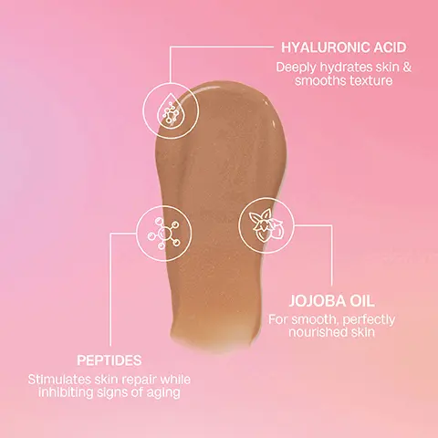 Image 1 - A swatch of brown skincare product is shown against a pink background, with icons and text indicating the benefits of Hyaluronic Acid for hydration, Jojoba Oil for nourishing skin, and Peptides for stimulating skin repair and reducing signs of aging.
Image 2 - A woman with freckles is shown in two side-by-side images, the left labeled BEFORE and the right labeled AFTER, where she holds a skincare product in the AFTER image, showcasing a more even skin tone.
Image 3 - A bottle of Bali Body Tinted Super Serum with a light brown cap is displayed against a pastel pink background, with text describing its benefits: Blurring the lines between skincare & makeup, Evens skin tone with natural, radiant coverage, Leaves skin nourished & deeply hydrated, and SPF30 mineral & chemical broad spectrum coverage.
Image 4 - A close-up of a woman applying a beauty product, with text instructions beside her that read: How to use, STEP 1 Shake well to activate formula, STEP 2 Drop onto fingertips, a makeup brush or beauty sponge and apply liberally over your face & neck, STEP 3 Layer for additional coverage.