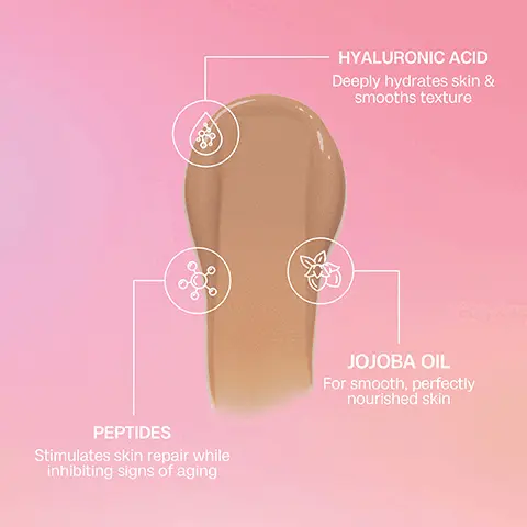 Image 1 - A creamy beige substance is shown on a pink background with three labeled circles indicating ingredients: Hyaluronic Acid for hydration and smoothing texture, Jojoba Oil for nourishing skin, and Peptides for stimulating skin repair and reducing signs of aging.
Image 2 - A woman with freckles is shown in two side-by-side images; the left side is labeled BEFORE, showing her bare face, and the right side is labeled AFTER, displaying her with smoother skin holding a skincare product.
Image 3 - A bottle of BALI BODY Tinted Super Serum with a light tan swatch beside it, featuring text that says Blurring the lines between skincare & makeup, Evens skin tone with natural, radiant coverage, Leaves skin nourished & deeply hydrated, and SPF30 mineral & chemical broad spectrum coverage.
Image 4 - A close-up image of a woman applying a beauty product to her face, with text that reads How to use, followed by three steps: STEP 1 Shake well to activate formula. STEP 2 Drop onto fingertips, a makeup brush or beauty sponge and apply liberally over your face & neck. STEP 3 Layer for additional coverage.