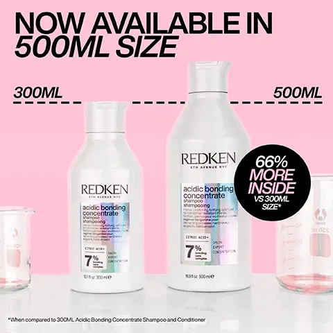 Image 1 - Image shows two bottles of Redken shampoo and conditioner side by side, one labeled 300ML and the other 500ML, with text stating NOW AVAILABLE IN 500ML SIZE and 66% MORE INSIDE VS 300ML SIZE.
Image 2 - A white bottle of Redken Acidic Bonding Concentrate Shampoo, which is surrounded by foam, features text stating 56% LESS BREAKAGE* and 11X SMOOTHER**, along with SILKY FINISH & GLOSSY SHINE.
Image 3 - Close-up of a white bottle with a flip-top lid, showing a dollop of cream on the lid and text stating 56% less breakage*, 90% more conditioned*, and 11X smoother**.
Image 4 - A person is applying a hair treatment product from a tube labeled Redken, which claims to combat one year of visible damage in one use, reduces split ends by 78%, and provides heat protection up to 230°C.
Image 5 - Image shows a close-up of creamy white textures resembling hair products with visible text that reads CITRIC ACID + BONDING CARE COMPLEX HELPS REPAIR BONDS + PREVENT FUTURE DAMAGE.
Image 6 - Image shows two side-by-side comparisons of hair treatment effectiveness: the left side labeled BEFORE displays frizzy, unkempt hair, while the right side labeled AFTER ONE USE* shows smooth, straightened hair, with additional text at the bottom stating *SYSTEM OF ACIDIC BONDING CONCENTRATE INTENSIVE TREATMENT: SHAMPOO, CONDITIONER & LEAVE-IN VS. UNDAMAGED HAIR.
Image 7 - Image shows a side-by-side comparison of hair; the left side labeled BEFORE features frizzy, curly hair, while the right side labeled AFTER ONE USE* shows smooth, defined curls. Visible text at the bottom reads SYSTEM OF ACIDIC BONDING CONCENTRATE INTENSIVE TREATMENT, SHAMPOO, CONDITIONER & LEAVE IN VS. UNDAMAGED HAIR.
Image 8 - Image features three hair care products from Redken: a shampoo bottle labeled acidic bonding concentrate shampoo with text indicating 7% citric acid, a conditioner bottle labeled acidic bonding concentrate with 11% citric acid, and a leave-in treatment tube labeled protect & leave-in with 5% citric acid, all under the title DAMAGE REPAIR FOR CHEMICALLY TREATED HAIR.
Image 9 - Image of two bottles of Redken Acidic Bonding Concentrate shampoo, one large and one small, with five stars above them and the text BEST IVE EVER USED AND IM A HAIRDRESSER along with a note that the product was received from Marie Claire Beauty Drawer, August 2022.Image 10 - A tube of Redken Acidic Bonding Concentrate leave-in treatment is shown with five stars above it; the text includes a testimonial stating the product is the best leave-in treatment ever used and that the users hair looks better after each use, along with a note about receiving the product from Marie Claire Beauty Drawer in November 2021.Image 10 - A tube of Redken Acidic Bonding Concentrate leave-in treatment is shown with five stars above it; the text includes a testimonial stating the product is the best leave-in treatment ever used and that the users hair looks better after each use, along with a note about receiving the product from Marie Claire Beauty Drawer in November 2021.
Image 11 - A person with long hair is holding a small amount of product from a tube labeled REDKEN, which is displayed next to them, while text above reads LOVED BY PROS and a quote below describes the products benefits from hairstylist Lorna Valente, including protection and nourishment for hair.