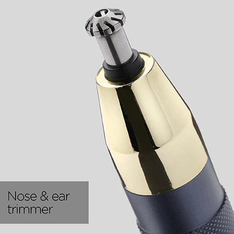 Image 1, nose and ear trimmer. image 2, eyebrow trimmer. image 3, 2 comb guides. image 4, detail grooming. image 5, robust metal handle. image 6, washable heads.