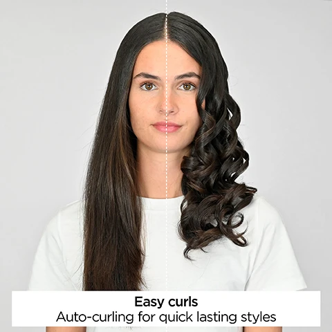 Image 1 - A woman with long dark hair is shown split down the middle with straight hair on the left and curly hair on the right, with text Easy curls Auto-curling for quick lasting styles. Image 2 - A woman with long, dark, soft wavy hair, wearing a white t-shirt, looks to the right; a circular inset shows a device display with an airflow icon, a three-bar signal icon, and the text AIR, with the additional text Soft waves displayed at the bottom. Image 3 - A woman with long, dark, defined curls looks to the side, with a magnified inset showing a hair tools screen displaying 200 C, and text at the bottom says Defined curls. Image 4 - A four-panel instructional image shows a woman with long dark hair demonstrating how to use an automatic hair curler: first, she places a section of hair into the device with an inset showing the detail 1. Place section; second, she presses the curl button 2. Press curl button; third, she holds the device in place 3. Hold for beeps; and fourth, she releases the curler to reveal a perfect curl 4. Release curl. Image 5 - A four-panel image provides instructions for using a hair styling tool, with the first three panels showing a hand with pink nails adjusting settings on the tools display showing AIR, 170C, and 200C, and the final panel showing the tool curling a section of dark hair, accompanied by the text: 1. Select time, 2. Choose temperature, 3. Set curl direction, 4. Place section & press button to start. Image 6 - A hand demonstrates how to remove a transparent cover from a hair styling tool in two steps, first showing a twist motion and then the cover removed exposing the inner barrel, with the visible text Twist and lock removable cover.
