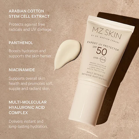 A white tube of MZ Skin Expert UV Protector SPF 50 sunscreen with a small dollop of cream next to it is displayed on a light brown background; visible text includes Arabian Cotton Stem Cell Extract Protects against free radicals and UV damage, Panthenol Boosts hydration and supports the skin barrier, Niacinamide Supports overall skin health and promotes soft, supple and radiant skin, Multi-Molecular Hyaluronic Acid Complex Delivers instant and long-lasting hydration, and on the tube MZ Skin By Dr. Maryam Zamani Expert UV Protector SPF 50 UVB + UVA Broad Spectrum High Protection Large Spectre Haute Protection Daily Defence Défense Quotidienne.
