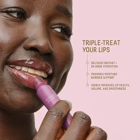 Image 1, triple treat your lips = delivers instant and 24 hour hydration. provides moisture barrier support. visibly improves lip health, volume and smoothness. image 2, shades H20 Glow, Blush Quartz and Super Nova. image 3, hydration rich, silky emollient, glossy, dewy finish. image 4, pro peptide - triple strength peptide for visibly fuller, smoother, healthier lips. micro encapsulated HA - high weight hyaluronic acid delivers deep, long lasting hydration. sugarcane derived squalane - locks in hydration and supports lip's moisture barrier.