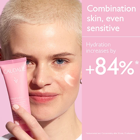 Image 1, combination skin, even sensitive. hydration increases by 84%. image 2, organic grape water = hydrating, soothing, antioxidant and prebiotic. organic aloe vera = hydrating, soothing, protects. hyaluronic acid = smooths and hydrates. image 3, which moisturiser for my skin. dry skin, normal skin, combination skin. image 4, your vino hydra routine. step 1 = hyaluronic cream. step 2 = combination skin, normal skin, dry skin.