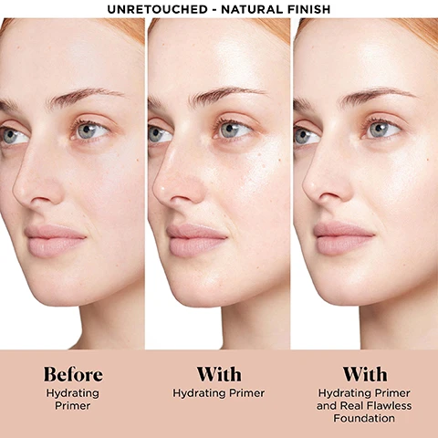 Image 1 and 2, unretouched natural finish. before hydrating primer. with hydrating primer. with hydrating primer and real flawless foundation. image 3, which formula is right for my skin type? dry flakey and fine lines, you'll love pure canvas primer hydrating. oily, combination, enlarged pores, textured, you'll love pure canvas primer blurring. dull, uneven and dark spots, you'll love pure canvas primer illuminating. image 4, extends makeup wear for 16 hours. 24 hour hydration. plumps and smooths skin. instantly reduces the appearance of fine lines and wrinkles. image 5, skin perfecting complex = blend of rose extracts moisturises, protects and smooths skin. mineral enriched water = known to decrease dullness and boost hydration. glycerin  = water loving ingredient that helps attract moisture to skin. image 6, 97% agree primer makes skin feel soft and supple. 97% agree primer feels weightless. 91% agree primer helps skin stay moisturised all day. 91% agree primer improves the quality of makeup wear. after 3 weeks of consumer testing on 30 women. image 7, new and improved. pure canvas primer hydrating. we kept what you loved = extends makeup wear, hydrating, skin replenishing. and made it even better = extends makeup wear for 16 hours, provides 24 hour hydration. plumps and smooths skin. image 8, new and improved. if you liked hydrating or supercharged essence you'll love new hydrating primer. if you like illuminating or perfecting primer you'll love new illuminating primer. if you liked blurring primer you'll love new blurring primer. if you liked protecting SPF 30 you'll love new blurring primer and tinted moisturiser with SPF.
