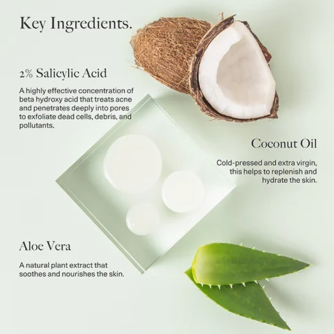 Image 1 - Image shows key skincare ingredients arranged on a light green background, including a coconut half, aloe vera leaf, and three droplets of a clear gel, with text that reads 2% Salicylic Acid, Coconut Oil, and Aloe Vera along with descriptions of each ingredient.