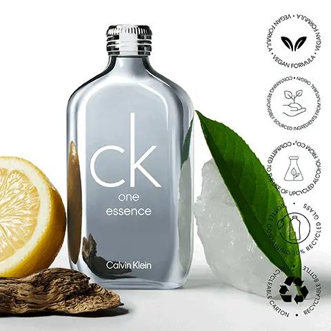 Image 1, Ick CK one essence Calvin Klein VEGAN F *VEGAN ORMULA FORMULA CLED ALCOHOL COMMITTED TO OTTLE CONTA CYCLEABLE CARTON INING • GLASS RECYCLED G BOTTLE RECYCLABLE VEGANE Image 2, "This unisex fragrance is ideal for an everyday scent. It can be smelt all day long, but isn't overpowering...Would recommend!" - Natalie, Home Testers Club ck one essence Calvin Klein CK ONE ESSENCE Image 3, Sandalwood Bergamot Musk Green Tea Image 4, ck ck one one essence Calvin Klein Calvin Klein CITRUS Mandarin Bergamot Green Tea Musk Intensity..000 WOODY CITRUS Sandalwood Bergamot Musk Green Tea Intensity.