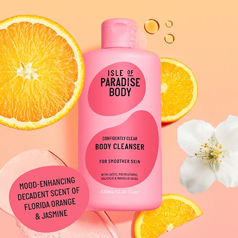 Image 1, mood enhancing decadent scent of florida orange and jasmine. image 2, lactic acid - reveals smoother, softer feeling skin. polyglutamic acid = acts as a powerful hydrator to quench dry skin and lock in moisture. salicylic acid = decongests pores to help reduce frequency of breakouts.