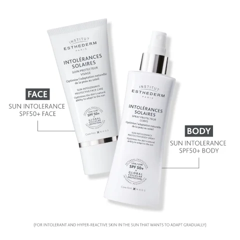 FACE SUN INTOLERANCE SPF50+ FACE INSTITUT ESTHEDERM PARIS INTOLERANCES SOLAIRES SOIN PROTECTEUR VISAGE Optimise l'adaptation nature del pas SUN INTOLERANCE PROTECTIVE FACE CARE Other F50+ GLOBAL CELULAR CADS INSTITUT ESTHEDERM PARIS INTOLERANCES SOLAIRES SPRAY PROTECTEUR CORPS Oparalle de NON INTOLERANCE PROTECTIVE BODY SPRAY BODY SUN INTOLERANCE SPF50+ BODY SPF 50+ OBAL PROTECTION CADS (FOR INTOLERANT AND HYPER-REACTIVE SKIN IN THE SUN THAT WANTS TO ADAPT GRADUALLY)
