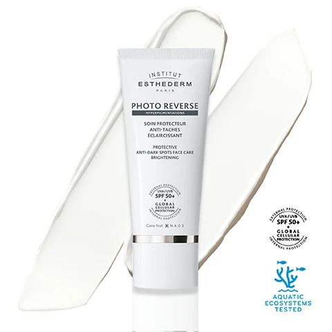 image 1, UVA/UVB SPF 50+ global cellular protection. aquatic ecosystem tested. image 2, 90% complexion is brighter. 83% pigmented spots are less visible. satisfaction questionnaire with 30 women aged 36-65 all skin types, 2 months of use. image 3, prep = boosts skins hydration. treat = targets all signs of ageing. protect = brightens the skin and reduces pigmentation