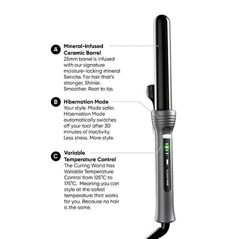 Image of a curling wand featuring a mineral-infused ceramic barrel, hibernation mode, and variable temperature control, with labels and descriptions indicating features such as a 25mm barrel, automatic switch-off after 30 minutes of inactivity, and adjustable temperature settings from 125°C to 175°C.
