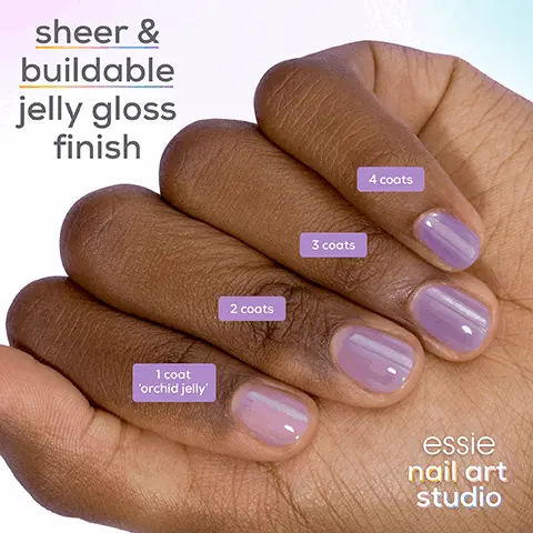 sheer & buildable jelly gloss finish. 1 coat orchid jelly, 2 coats, 3 coats, 4 coats. essie nail art studio. 1 polish, endless nail art looks. ink jelly + orchid jelly + cosmic chrome + wink of sleep. exclusive easy-glide brush, quick, even professional application. 9 new fun & unexpected shades.