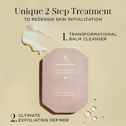 image 1, unique 2 step treatment. to redesign skin initialisation. 1 = tranformational balm cleanser. 2 = ultimate exfoliating refiner. image 2, exfoliating refiner. niacinamide = refines and minimises the appearance of pores. rosa damascena flower water = calms, soothes and balance the skin's PH. PHA = gently exfoliates and improves skin texture. image 3, 100% visible skin texture and brightness are improved. 90% skin appears purified, clarified and refined. 97% skin is soothed, comfortable and nourished. clinical trials tested on 35 women, during 4 weeks. expert assessment, user test. image 4, active daily dose. for optimal formula, potency, integrity and dosage