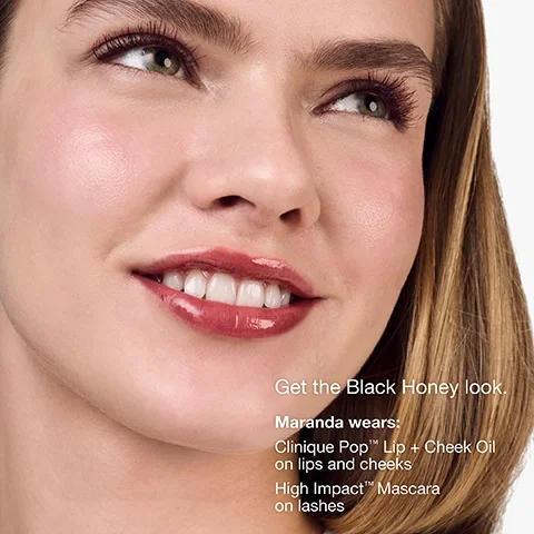 get the black honey look. maranda wears clinique lip and cheek oil on lips and cheeks. high impact mascara on lashes.