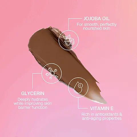 Image 1 - A smear of brown product on a pink background with labeled ingredients: Jojoba oil for smooth, perfectly nourished skin; Glycerin, which deeply hydrates while improving skin barrier function; Vitamin E, rich in antioxidants and anti-aging properties.
Image 2 - Image shows a side-by-side comparison of a woman wearing white lingerie, labeled Before on the left and After on the right, with the woman on the right holding a product in her hand.
Image 3 - A smiling young woman in a black bikini holds a tanning product against a pink gradient background, with accompanying text that includes key features: no DHA, wash off formula, enriched with jojoba oil and vitamin E, quick drying, streak free.
Image 4 - A woman with long hair applies a tanning product to her arm, with text on the image outlining the steps: STEP 1 Begin with clean, freshly exfoliated skin. STEP 2 Apply with your hands, mitt or blending brush. Start at your feet & work your way up, blending in with long, sweeping motions. STEP 3 Wait for the product to be touch dry before dressing.