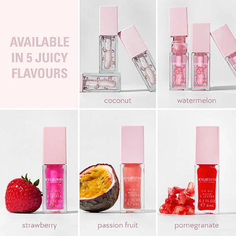 image 1, available in 5 juicy shades. image 2, coconut oil = a skin nourishing extract with conditioning and moisturising benefits. vitamin e = helps replenish the lips moisture. lip plump complex = leaves lips with a natural, visibly plump look and helps diminish early signs of aging. also contains raspberry and passion fruit seed oil. image 3, ultra soft doe foot applicator. non sticky smooth oil, glides on lips effortlessly. hydrates and softens lips. image 4, 5 stars, best lip oil on the market.