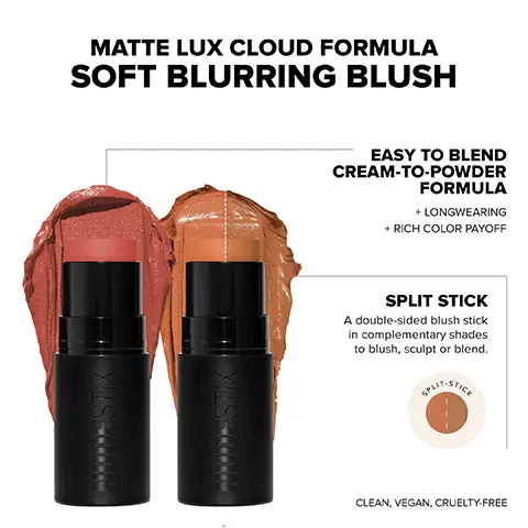 Image 1, MATTE LUX CLOUD FORMULA SOFT BLURRING BLUSH EASY TO BLEND CREAM-TO-POWDER FORMULA + LONGWEARING + RICH COLOR PAYOFF SPLIT STICK A double-sided blush stick in complementary shades to blush, sculpt or blend. SPLIT-STICE CLEAN, VEGAN, CRUELTY-FREE Image 2, SAVE A TIN! We do not believe in single-use waste. We encourage reusable and recyclable materials with environmentally friendly packaging. JOIN A SMALL MOVEMENT & MAKE A BIG DIFFERENCE TRAVEL TO-GO MIRROR "RECYCLE BASED ON YOUR LOCAL RECYCLING PROGRAM Image 3, MINIMALIST MULTI-TASKING MAKEUP MEETS SKINCARE ANTI-AGING & ANTIOXIDANT GREEN TEA CLOUD FORMULA SOFT BLURRING MATTE LUX 45% EMOLLIENT-RICH COMPLEX MOISTURIZING & NATURAL ANTIOXIDANT VITAMIN E Image 4, flirty blush thriving blush and bronze Image 5, DIRTY 30 BLUSH KIT MATTE LUX CLOUD FORMULA SOFT BLURRING BLUSH Image 6, DIRTY 30 BLUSH KIT STEPHANIE VALENTINE @GLAMZILLA TAYLOR FRANKEL @NUDESTIX CO-FOUNDER