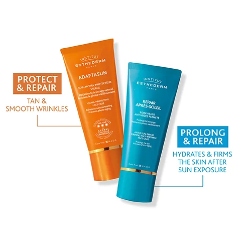 PROTECT & REPAIR TAN & SMOOTH WRINKLES INSTITUT ESTHEDERM ADAPTASUN SOIN HYDRA PROTECTEUR VISAGE НТОВА РВОТЕСТИ FACE CARE INSTITUT ESTHEDERM REPAIR APRÈS-SOLEIL Carr XNAGS PROLONG & REPAIR HYDRATES & FIRMS THE SKIN AFTER SUN EXPOSURE