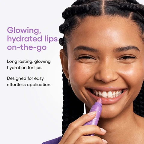 Image 1 - A smiling woman with glowing skin and braided hair applies a clear lip product from a purple tube, with visible text Glowing, hydrated lips on-the-go, Long lasting, glowing hydration for lips, Designed for easy effortless application, and on the tube GLOSS BOMB, Baume Brillant Pour Les L, Net wt. 0.35 oz. / Poids net 10 mL. Image 2 - A LANEIGE Lip Glowy Balm Gummy Bear tube stands on a white surface next to smears of pink balm and a scattering of purple and pink gummy bears, with text overlay Lips as smooth as butter, Infused with two blends of butter for the smoothness your lips crave, Shea Butter to nourish, Murumuru Seed Butter to hydrate, LANEIGE LIP GLOWY BALM BAUME BRILLANT POUR LES LÈVRES GUMMY BEAR BONBON OURSON, and Net Wt. 0.35 oz. / Poids net 10 g. Image 3 - The image features a large, dark purple, shiny gummy bear below a graphic displaying user survey results for a lip product with the title BUTTER UP, THEN PUCKER UP! After 1 Week of Use, detailing 98% Agreed lips look glossy & feel smoother, 96% Agreed lips feel nourished, 94% Agreed lips feel well-hydrated, and 92% Agreed lips look less flaky. Image 4 - A collection of colorful lip gloss tubes with clear applicators, some showing product, is displayed against a white background, with text that reads Glossing 10 million* lips worldwide! and *Period: 2017 - 2023.