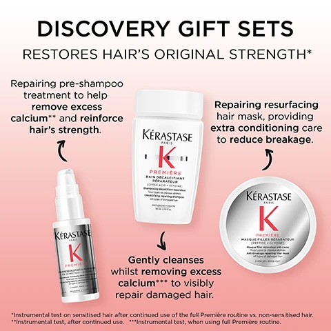 Image 1, discovery gift sets. restores hair's original strength. repairing pre-shampoo treatment to help removes excess calcium and reinforce hair's strength. gentle cleanses whilst removing excess calcium to visibly repair damaged hair. repairing resurfacing hair mask, providing extra conditioning care to reduce breakage. image 3, suitable for travel. image 4, before and after. image 4, glycine and citric acid. image 5, premiere range. restores hair's original strength. dual action repair haircare. frees hair from calcium build up that leads to breakage. helps reconnect broken leratin links.