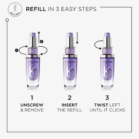 Image 1, refill in 3 easy steps. 1 = unscrew and remove. 2 = insert the refill. 3 = twist left until it clicks. Image 2, HYDRATING HAIR OIL PROVIDES NOURISHMENT STRENGTHENS HAIR FIBRE HELPS REPAIR SENSITISED POST-BLEACH HAIR HEAT PROTECTION SENSITISED LIGHTENED OR HIGHLIGHTED BLONDE HAIR Image 3, HOW TO USE APPLY 1 OR 2 DROPS ON WET OR DRY HAIR, AS A LEAVE-IN TREATMENT. START FROM MID-LENGTH AND WORK TO ENDS. KÉRASTASE PARIS K BLOND ABSOLU STYLE AS DESIRED. CAN BE USED AS A POST-BLOW DRY OIL AND FOR FINISHING &TOUCH-UPS DURING THE DAY L'HUILE CICAGLOSS REFILLABLE EXTRAIT D'EDELWEISS RECHERCHE AVANC