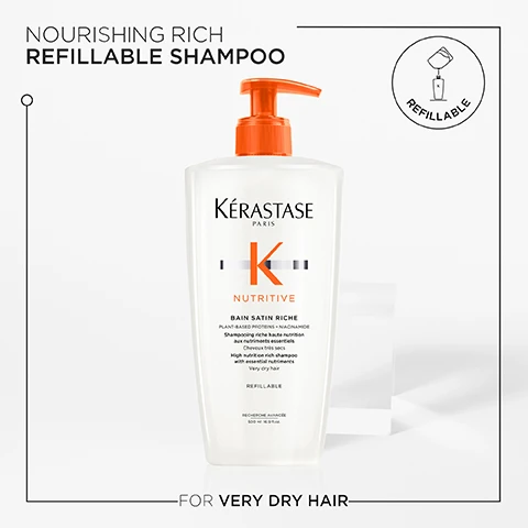 image 1, nourishing rich refillable shampoo. for very dry hair. image 2, healthy ritual for dry hair. deeply nourished. up to 58% softer hair. up to 85% more shine. image 3, vitamins blend. plant based proteins. niacinamide.