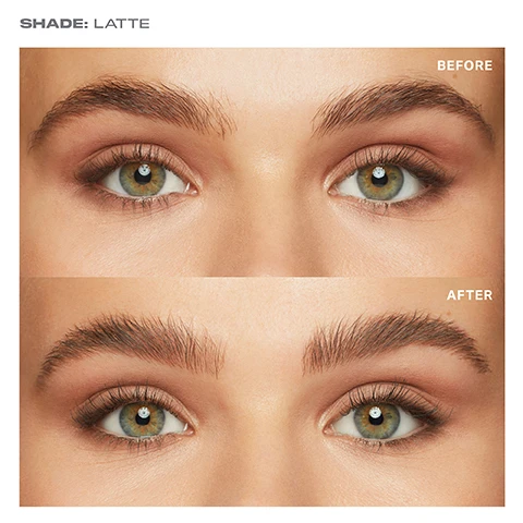 Image 1 - A close up view of eyes and eyebrows showing a before and after comparison SHADE: LATTE BEFORE AFTER Image 2 - A photo shows three swatches of brown brow gel texture in shades of dark brown, medium brown, and light brown, next to text that reads LIFTED LOOKS Effortlessly fluffs or softly laminates brows BOLD HOLD Locks brows in place with a lightweight flexible feel and no flaking SHADE-FLEXING HUES Comes in 5 sheerly pigmented buildable tints-plus clear-to match all hair colors. Image 3 - A grid of six close-up eye and eyebrow images showing different shades labeled CLEAR BISCOTTI LATTE ALMOND JAVA and CHOCOLATE MOUSSE. Image 4 - A table displaying five shade families for brow products showing the text FIVE SHADE-FLEXING HUES Micro & Definer Brow Pencil Shade Supreme Brow Sculpting & Shaping Wax Shade MACADAMIA PRALINE BISCOTTI BISCOTTI HAZELNUT LATTE LATTE ALMOND ALMOND MOCHA COLD BREW JAVA JAVA CHOCOLATE MOUSSE CHOCOLATE MOUSSE.