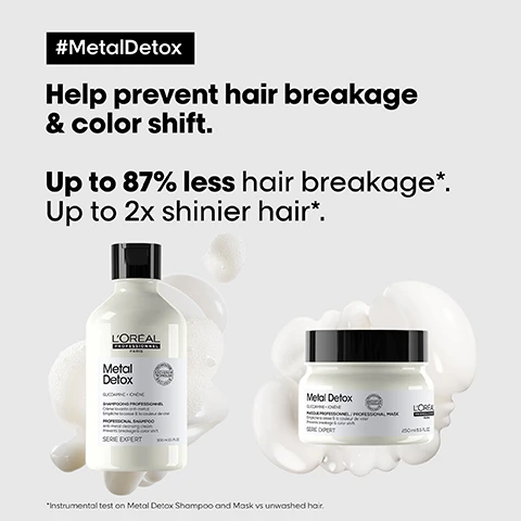 Image 1 - Image of LOreal Professional Metal Detox shampoo and mask with a light gray background, featuring text that states Help prevent hair breakage & color shift, Up to 87% less hair breakage*, Up to 2x shinier hair*, and a note indicating instrumental test on Metal Detox Shampoo and Mask vs unwashed hair.
Image 2 - A bottle of LOréal Professional Metal Detox pre-shampoo sits against a water droplet backdrop, with text highlighting the benefits: Refills 1 million hair micro-breaks, in 1 use, Up to 96% less breakage, Up to 72h nourishment, smoothness & softness.
Image 3 - Image shows four hair transformations split into two sections with Before and After labels, featuring a straight hairstyle on top and curly hair below; the bottom section includes products with the text, The full Metal Detox routine for breakage and colour fade protection.
Image 4 - Image of five hair care products arranged from left to right, labeled as a professional 5-step routine for thick and sensitized hair, with visible text stating NEW!, followed by the product names and steps: 01 Prepare, 02 Cleanse, 03 Treat, 04 Protect, 05 Style.
Image 5 - An abstract image with flowing hair strands and metallic particles on a black background, featuring the text #MetalDetox and the message: Wash after wash, metal penetrates inside hair and creates a risk of breakage and colour shift, alongside the logo LOREAL PROFESSIONNEL PARIS.
Image 6 - A reflective, abstract image showcasing a shiny, rounded structure with a crumpled metallic surface, accompanied by the text Glicoa mine, The tech, and Traps and neutralises metal inside the fibre. Inside the fibre. It removes metal particles from hair.