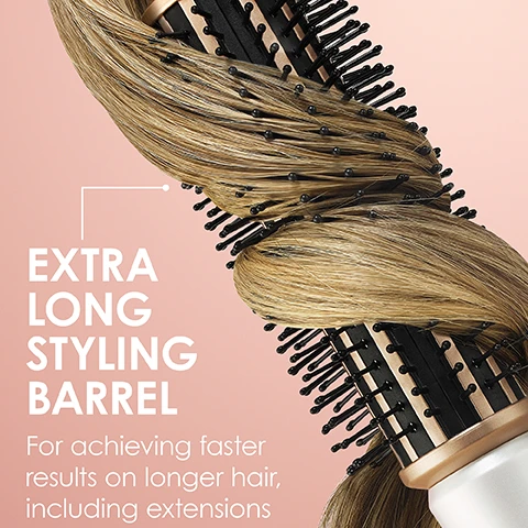 image 1, extra long styling barrel for achieving faster results on longer hair, including extensions. image 2, ionic care - ionic technology to eliminate frizz and seal in moisture for shinier, healthier hair. image 3, intelligent technology - delivering consistent heat distribution for even styling results.