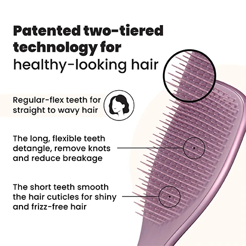Image 1 - A close-up image of a pink hairbrush showcasing its two-tiered bristle design with text that reads Patented two-tiered technology for healthy-looking hair, Regular-flex teeth for straight to wavy hair, The long, flexible teeth detangle, remove knots and reduce breakage, and The short teeth smooth the hair cuticles for shiny and frizz-free hair. Image 2 - A woman brushes her dark hair with a purple hairbrush, with text that reads Regular-flex teeth for straight to wavy hair. Image 3 - A pink Tangle Teezer hairbrush is shown alongside five benefits for hair care: Less breakage for smooth & healthy looking hair, Quick & effortless detangling, Ideal for wet or dry hair, Smooths frizz & flyaways, and Brush through treatments. Image 4 - A comparison graphic showcases three hairbrush sizes: Mini (15.5cm height, 5.3cm width, for Fine and Straight-Wavy hair), Regular (a purple brush, 21.1cm height, 6.6cm width, for Fine, Straight-Wavy, and Curly-Coily hair, with text For daily detangling), and Large (23.6cm height, 7.9cm width, for Fine, Straight-Wavy, Thick & Long, and Curly-Coily hair).