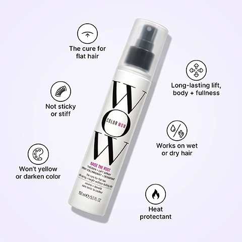 Image 1 - A white Color Wow Raise the Root hair spray bottle with a black cap is centered on a light purple background, featuring text WOW COLOR WOW, RAISE THE ROOT, THICKEN + LIFT SPRAY, SPRAY VOLUMISANT + DENSIFIANT, The cure for flat hair, Long-lasting height without dulling color, Volume + densité sans ternir la couleur, 150 ml e / 5.0 FL OZ; it is surrounded by six circular icons with text describing benefits: The cure for flat hair, Long-lasting lift body + fullness, Not sticky or stiff, Works on wet or dry hair, Wont yellow or darken color, and Heat protectant. Image 2 - A split image shows a woman with shoulder-length blonde hair and a neutral expression on the left, labeled BEFORE, and the same woman with more voluminous, styled blonde hair and a wide smile on the right, labeled AFTER.